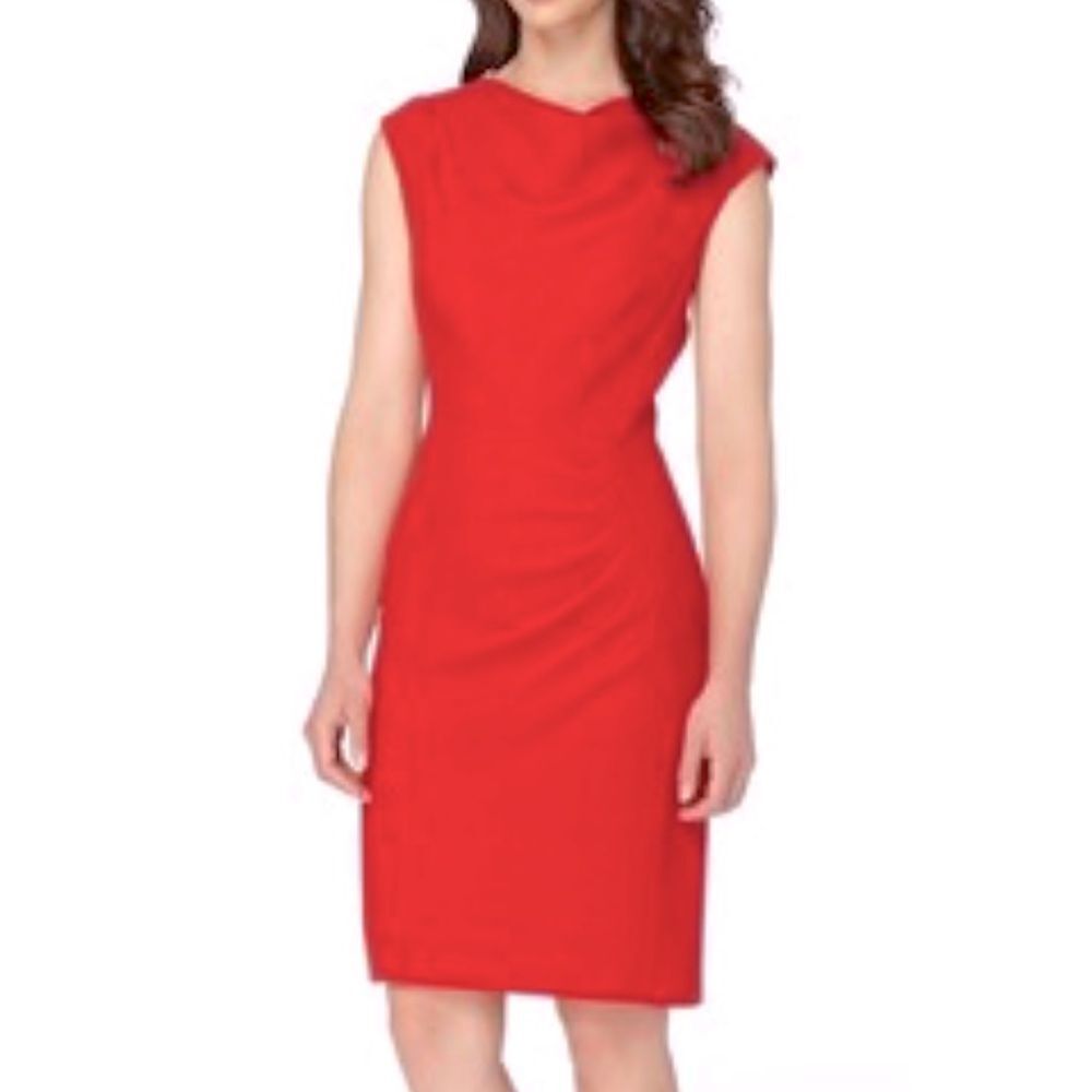 Tahari Red Ruched Waist Sheath High Neck Dress